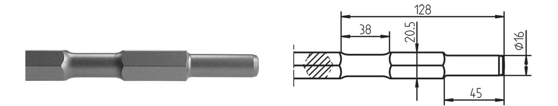 6-kt. Ø 16 x 45 / 20,5 mm geschmiedete Platte inkl. Adapter 120 x 120 x 320 mm